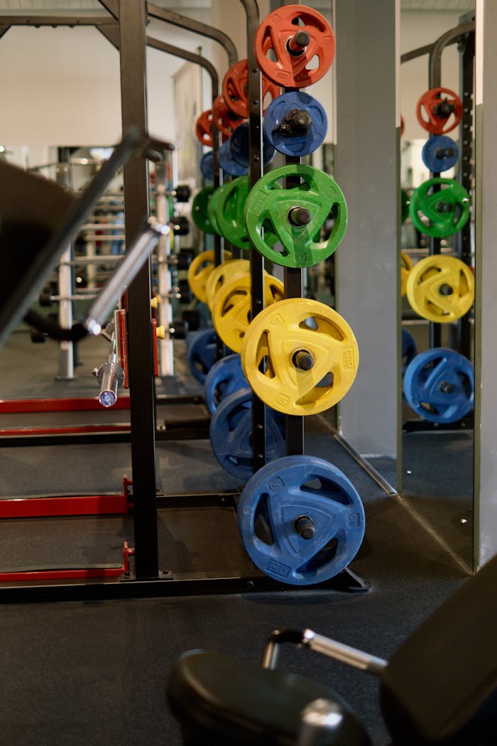 services-02 Vibrant colored weight plates stacked in a modern gym setting.